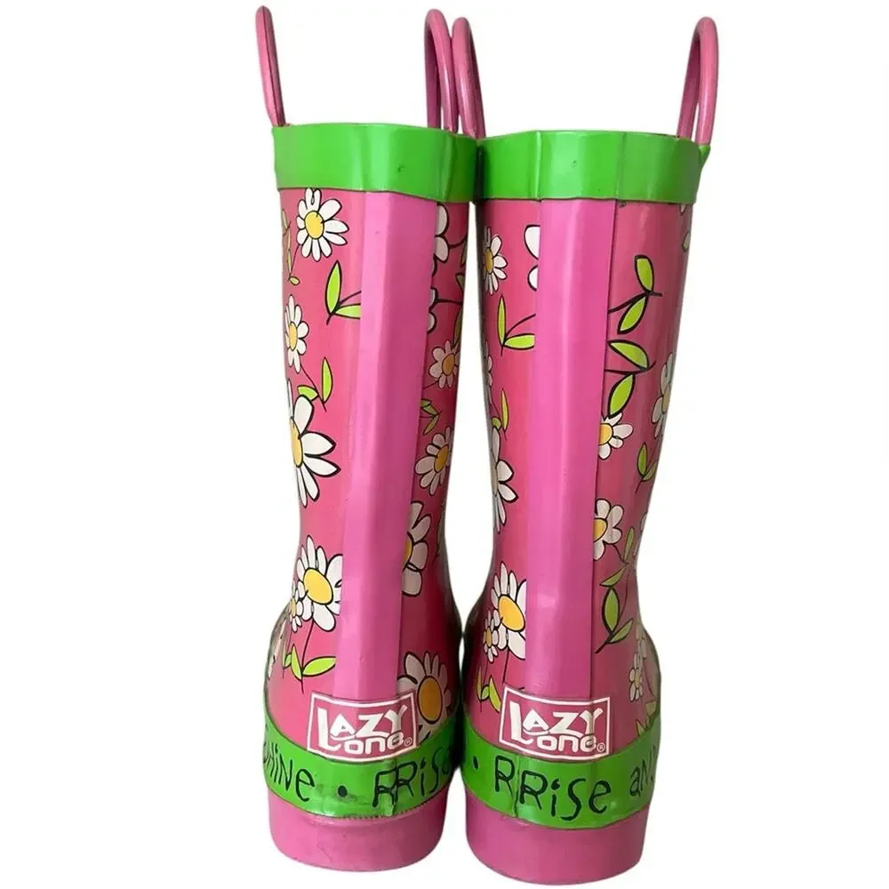 Lazy one Kids Rain Boots Daisy Pink Green Size 1 EUC